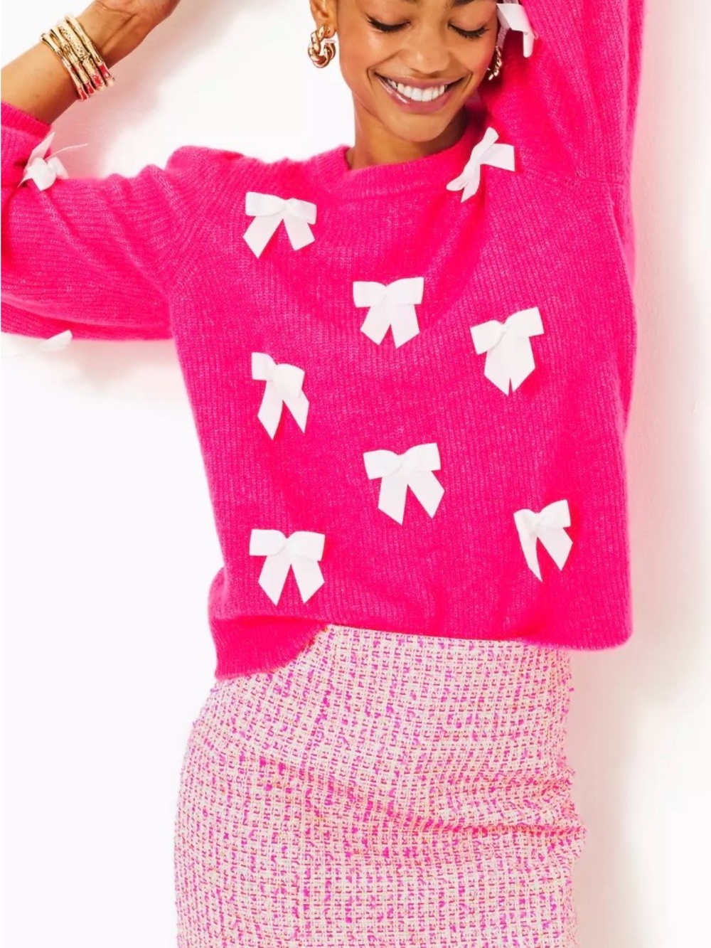 NWOT LILLY PULITZER Zarie Sweater In Heathered Passion Fruit Pink Party Bow